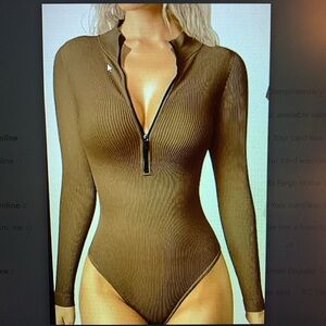 ⏳🔥Bodysuit PRISTINE STITCHING! Deep V Zipper-Chocolate-Standing Collar-Large